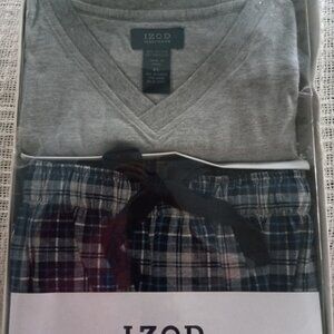 NWT IZOD TWO-PIECE SLEEP SET, SIZE "XL" (Gray / Blue Plaid Pant with Gray Shirt)